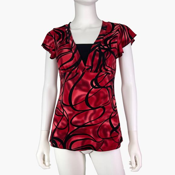 JKLA CALIFORNIA Swirl Pattern Flutter Sleeve V-Neck Blouse Top (Red | Size M) - Picture 1 of 8